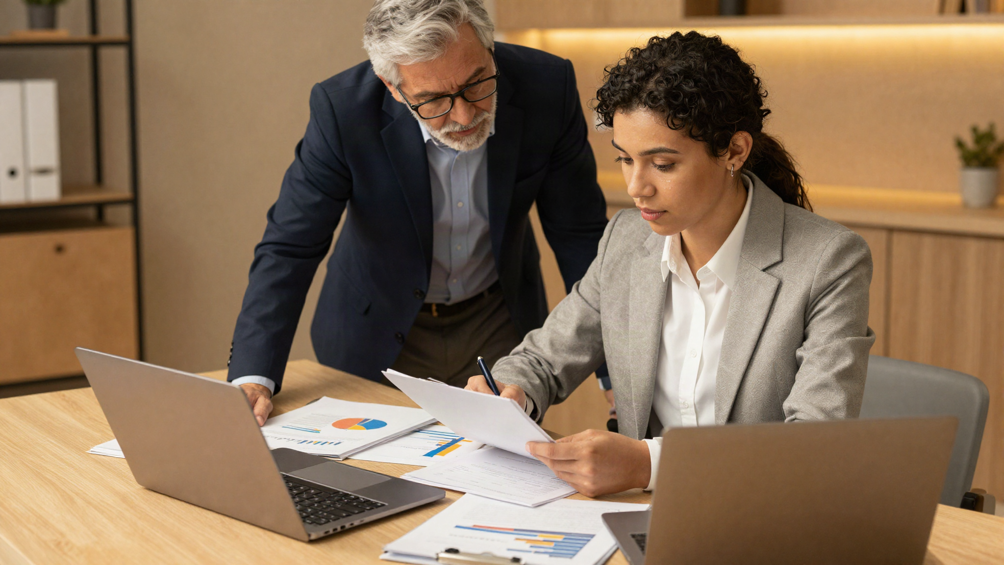 An early-career accounting professional being mentored by a senior colleague, representing the FMAA program