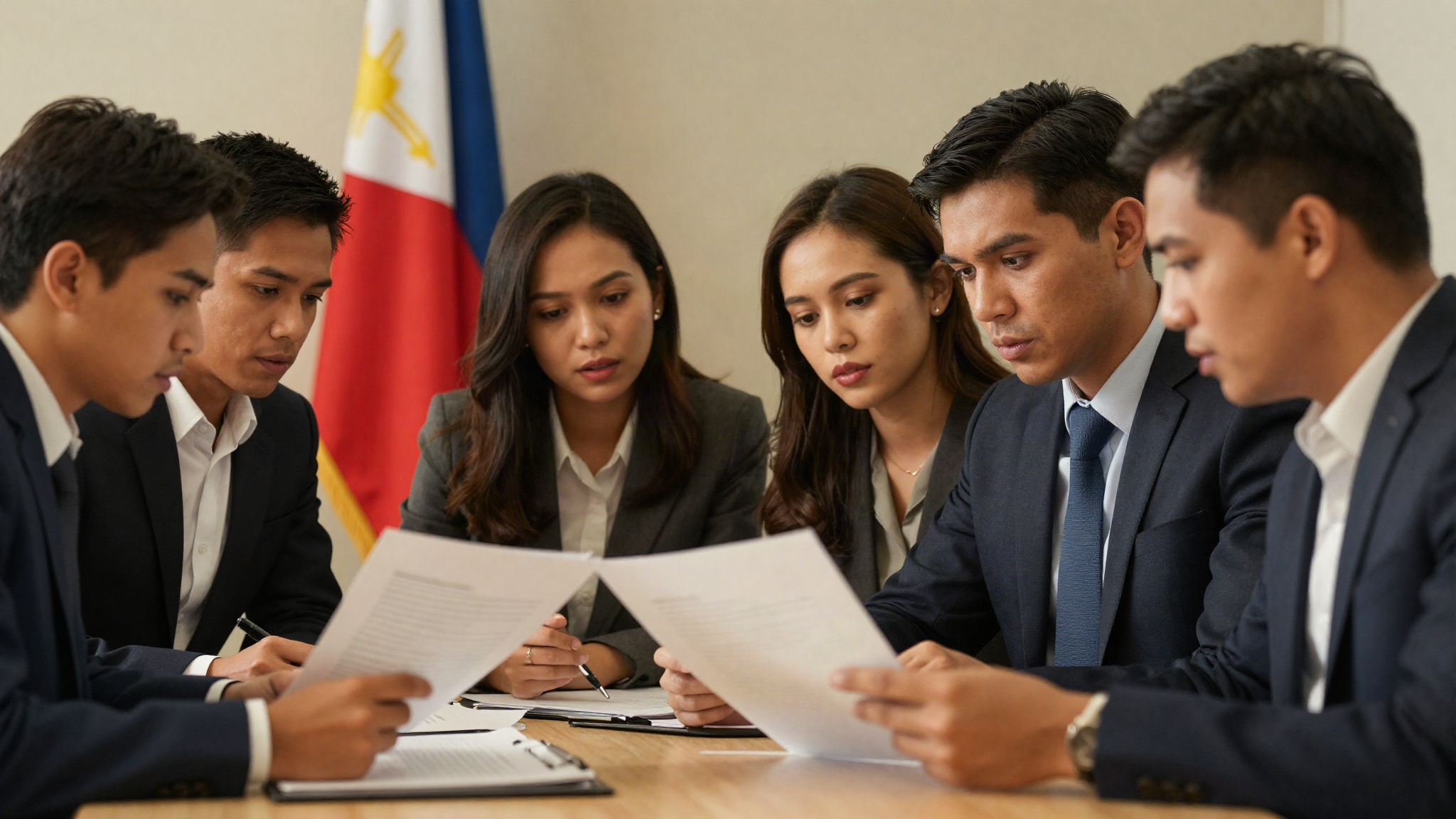 Filipino accounting professionals studying together with the Philippine flag in view, representing the Philippine CPA program