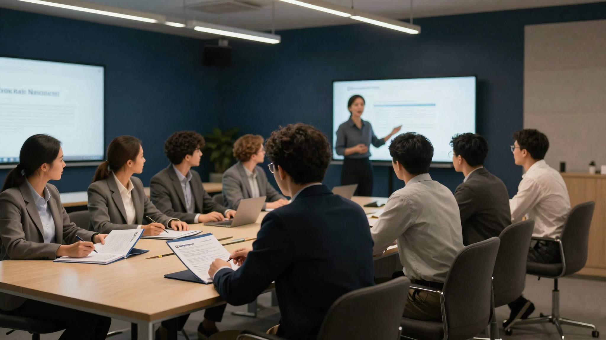 Working professionals in a finance training classroom reviewing certification materials, representing iGEM's structured program cohorts