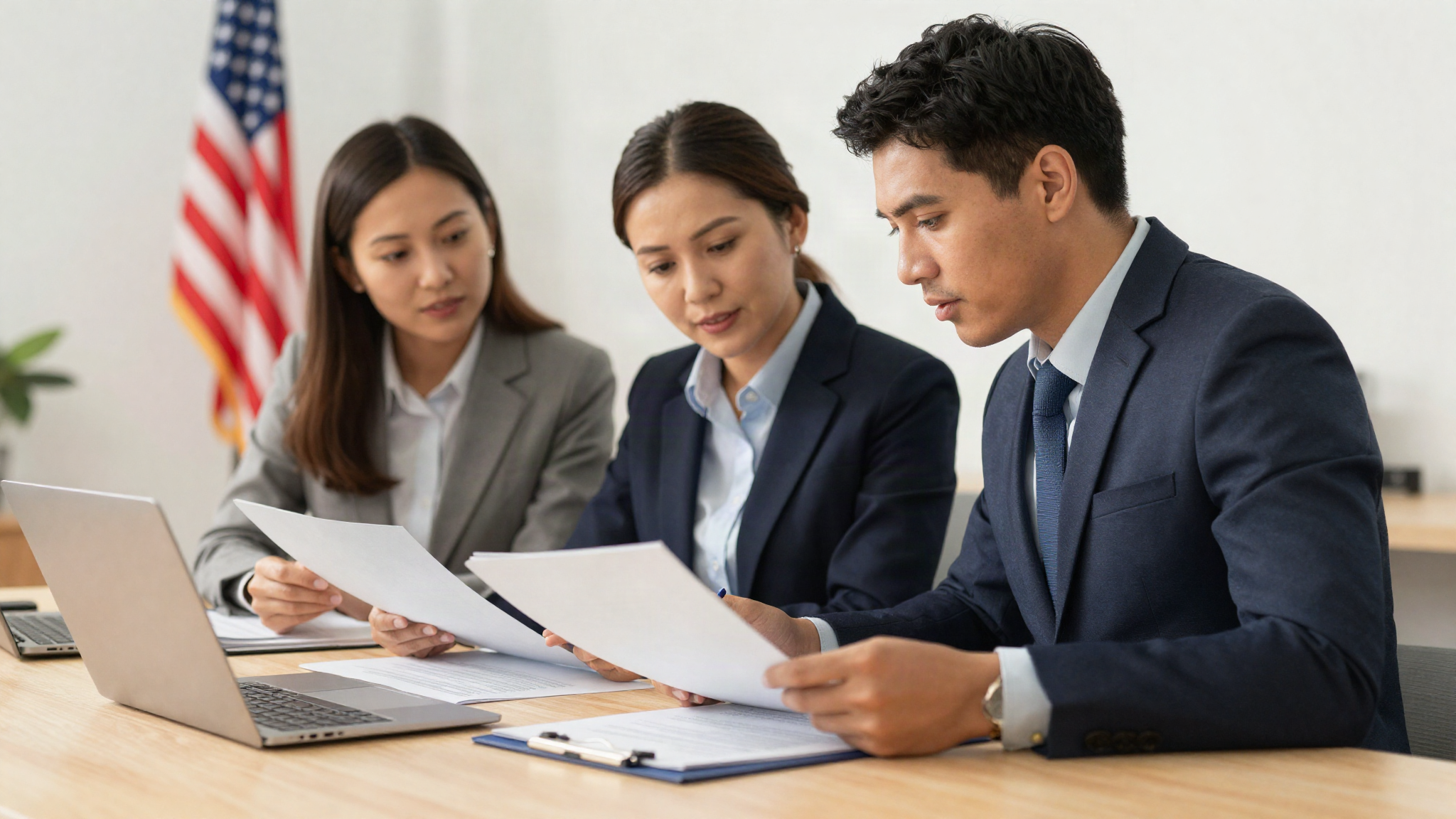 Accountants reviewing documents with an American flag in view, representing the US CPA program